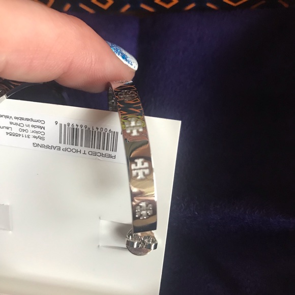 NWT Tory Burch T Hoop Silver Earrings - Picture 2 of 4
